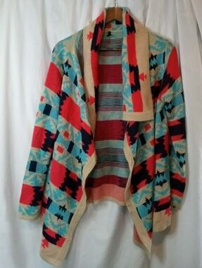 Boho Knit Cardigan Sweater Turquoise Coral Navajo Native American Indian Western